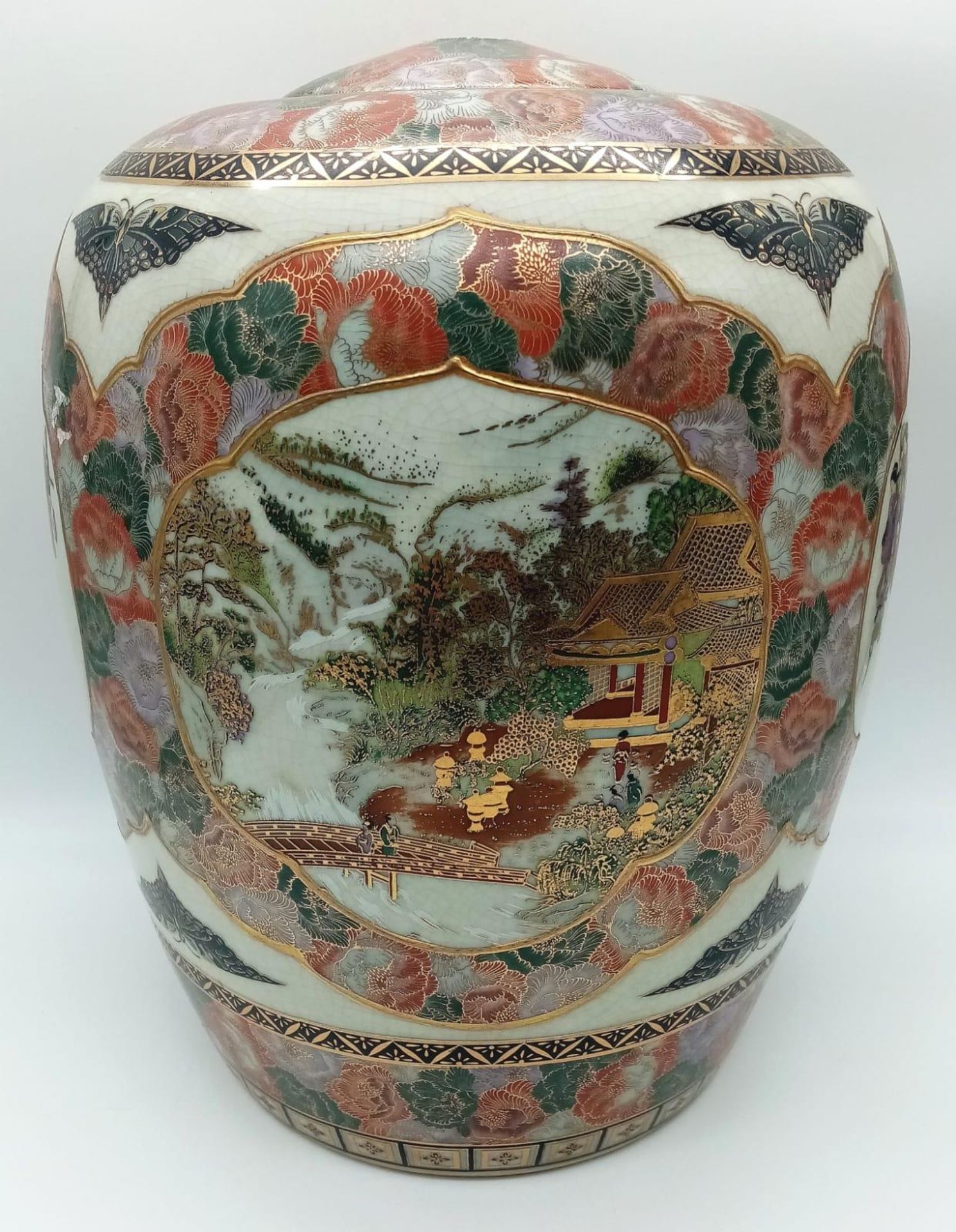 A LARGE ORIENTAL JAR IN THE STYLE OF YABU MEIZAN , HAS HOLES TOP AND BOTTOM READY FOR WIRING AS A - Image 2 of 7