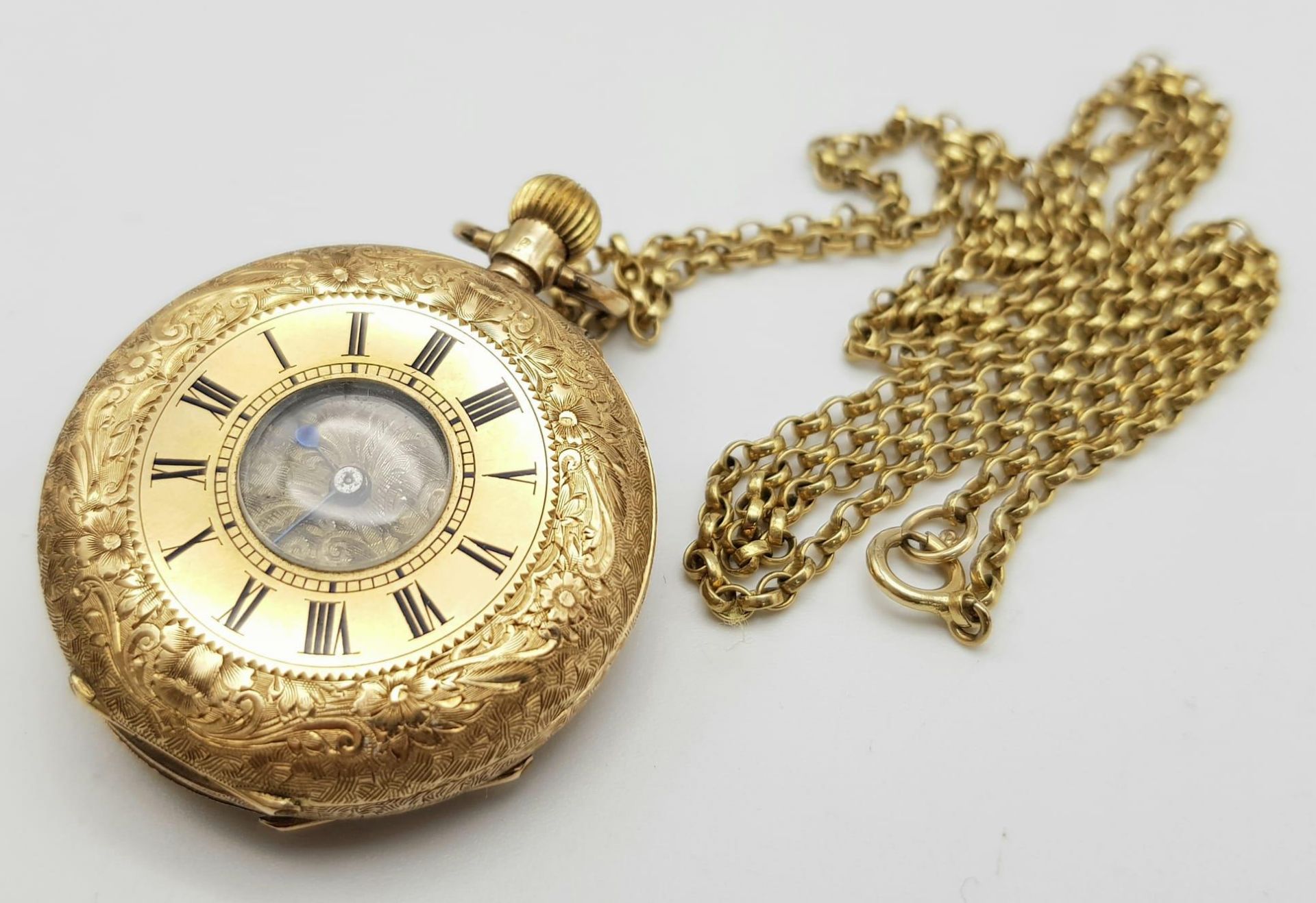 A beautiful 14 K yellow gold half hunter/pendant watch, heavily engraved on a long (64 cm) 9 k - Image 3 of 9