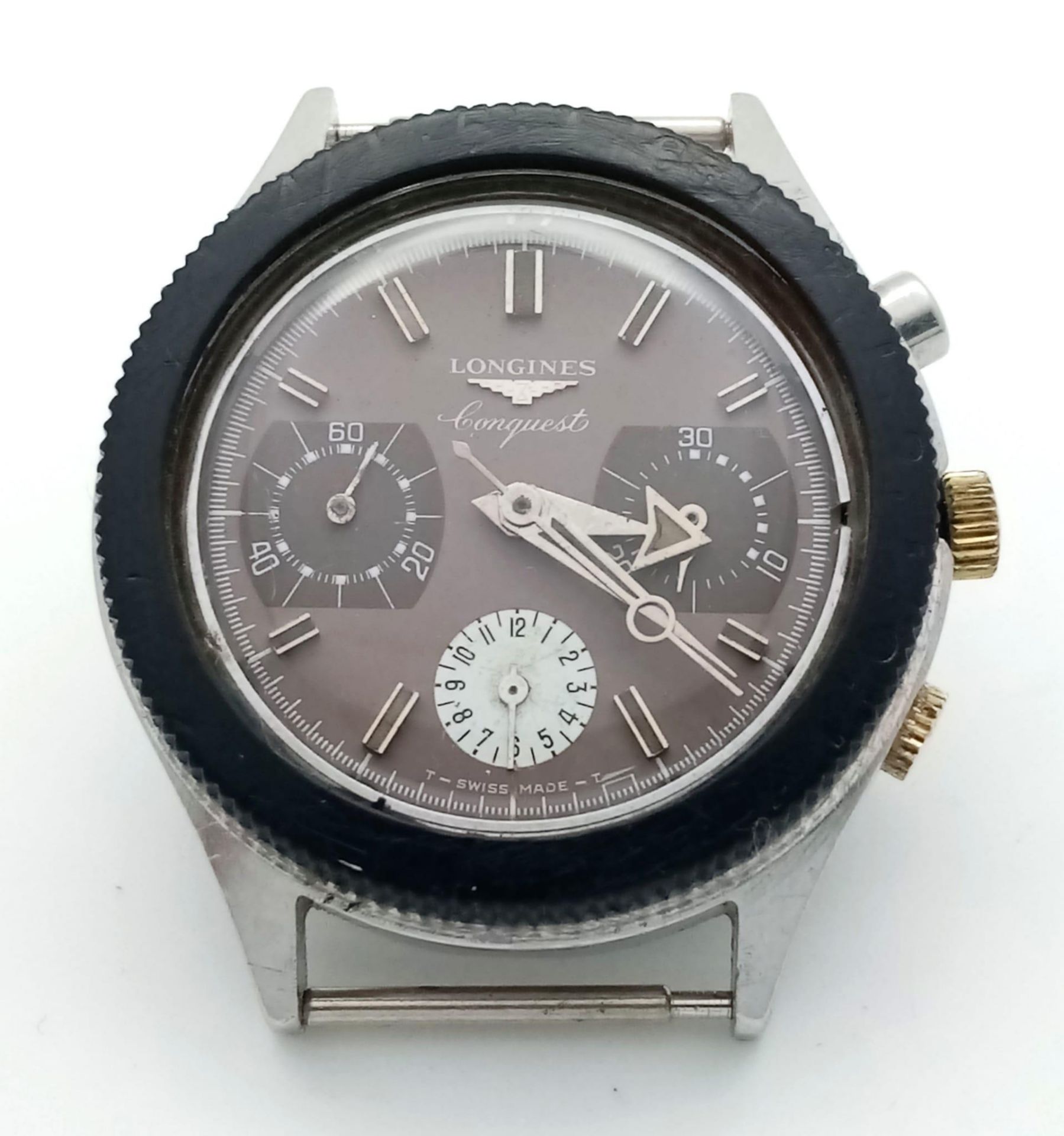A Vintage Longine Automatic Conquest Gents Watch. CASE ONLY - 39mm. Brown dial with three sub dials. - Image 2 of 5