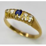 A Vintage 18K Yellow Gold Diamond and Sapphire Ring. Size N. 2.8g total weight.