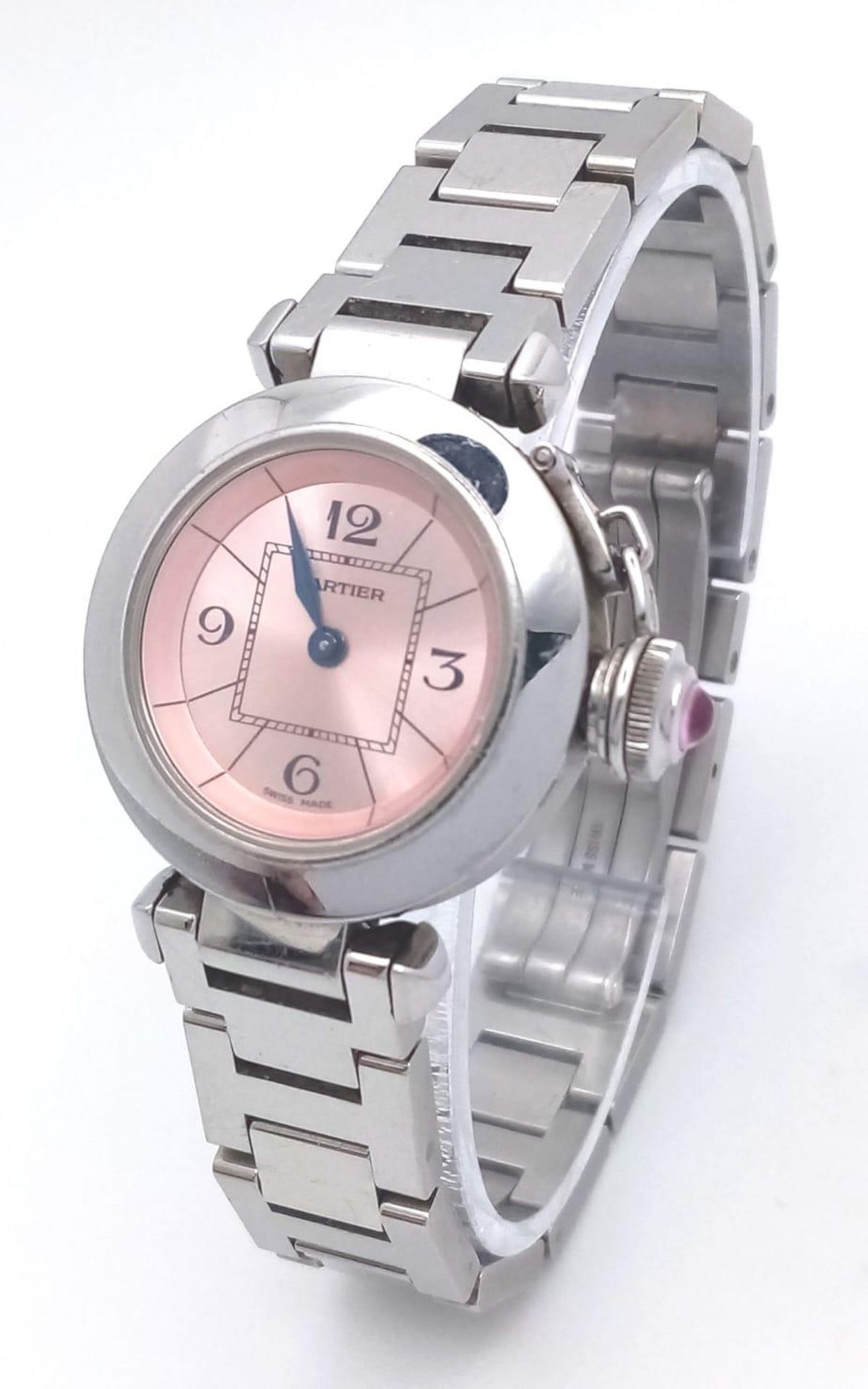 A Pasha De Cartier Quartz Ladies Watch. Stainless steel bracelet and case - 28mm. Metallic pink
