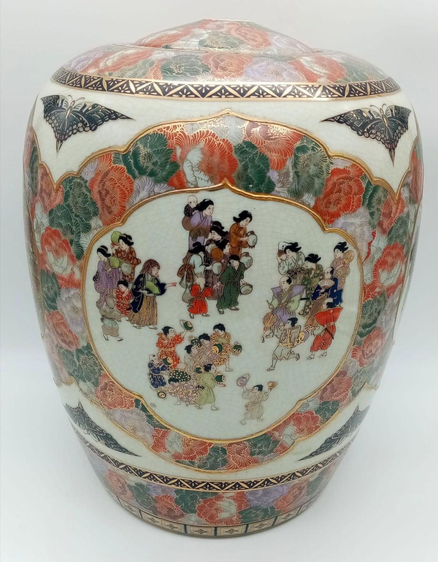 A LARGE ORIENTAL JAR IN THE STYLE OF YABU MEIZAN , HAS HOLES TOP AND BOTTOM READY FOR WIRING AS A - Image 3 of 7