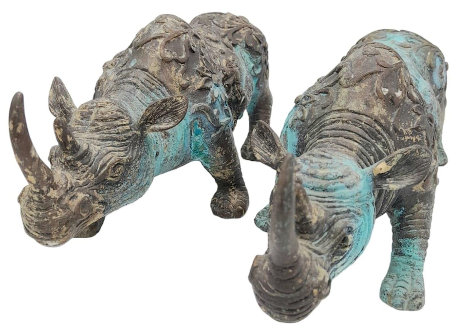 A PAIR OF VERY EARLY ANTIQUE CHINESE BRONZE WARE CEREMONIAL RHINOCEROSES WITH DRAGON ON FLANKS, - Image 4 of 8