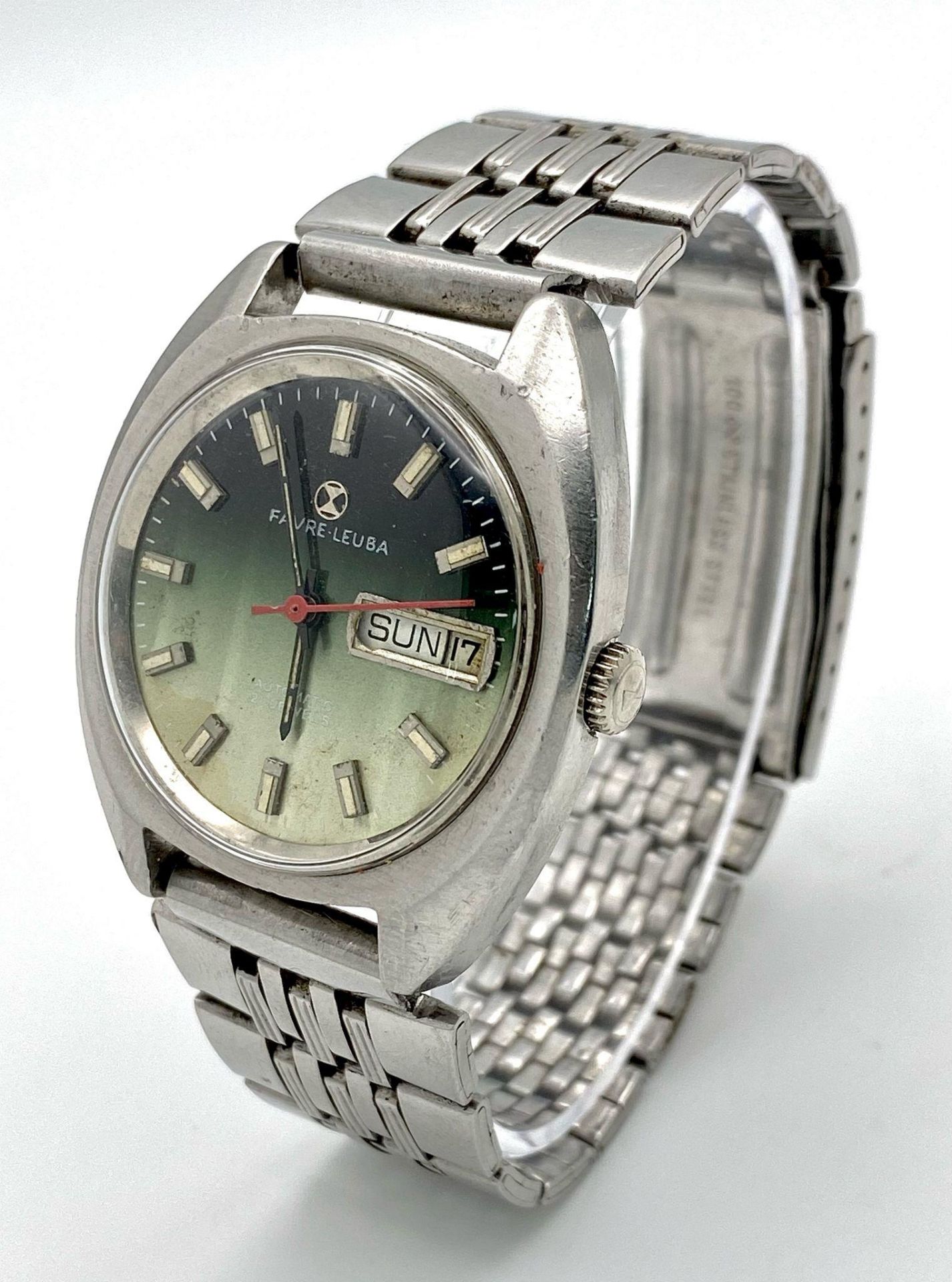 A Vintage Favre Leuba Automatic Gents Watch. Stainless steel bracelet and case - 37mm. Green dial