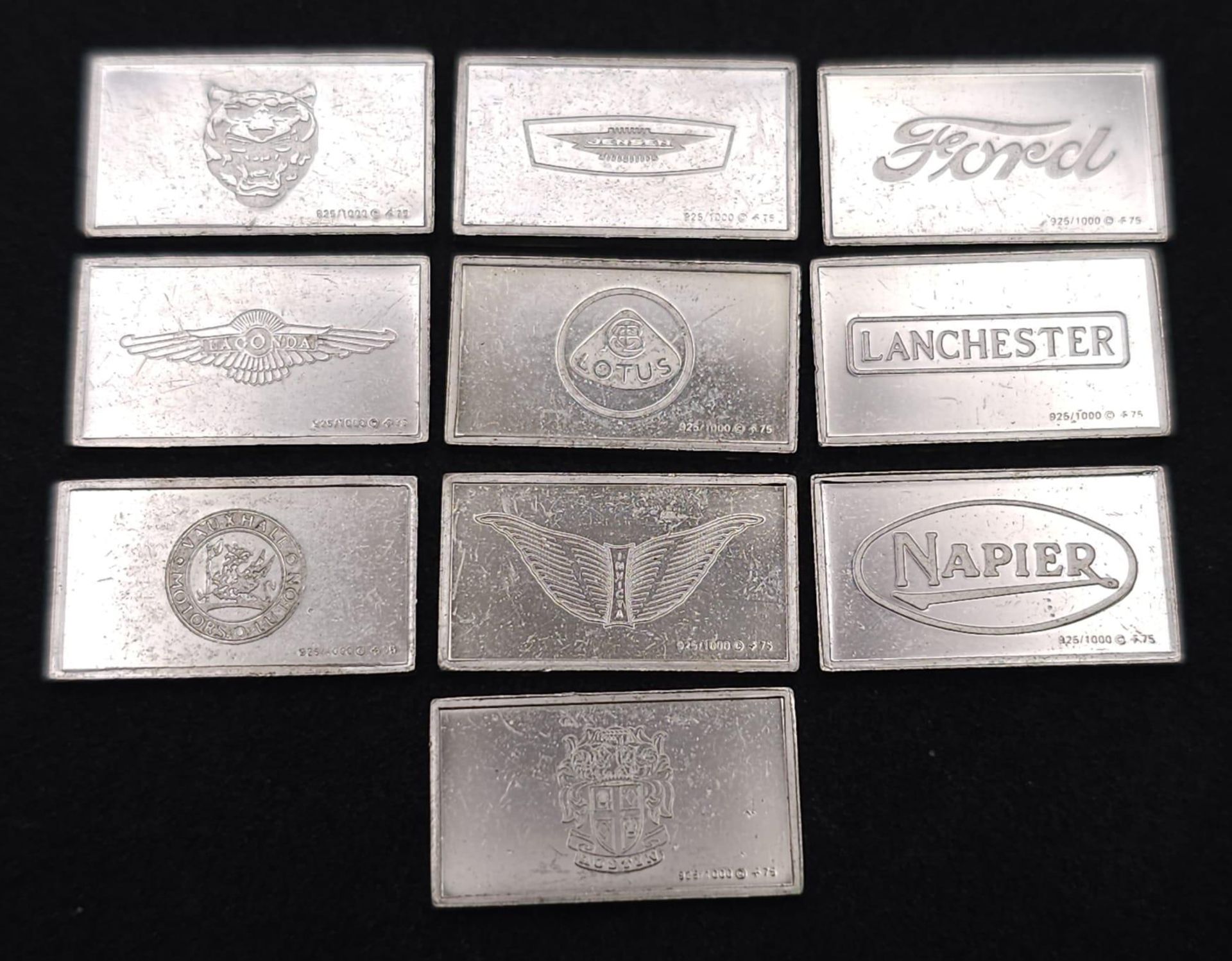 TEN sterling silver European Car Manufacturer's plates, including Jaguar, Lagonda, Napier, Jensen,