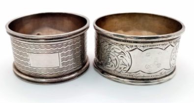 Two Antique Sterling Silver Napkin Rings. Different decorative styles. Birmingham hallmarks. 31.