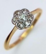 A VINTAGE 18K YELLOW GOLD OLD CUT DIAMOND CLUSTER RING IN FLORAL DESIGN, WEIGHT 1.9G SIZE J, REF