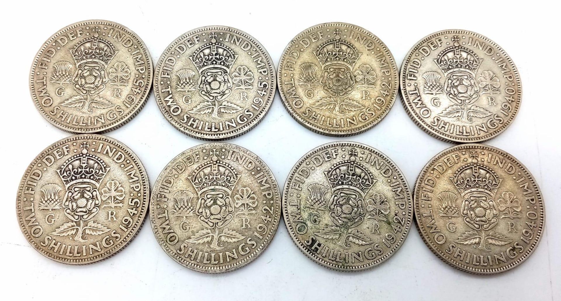 A Parcel of Eight Pre-1947, Silver Two Shilling Coins (Florins) Dates: 2 x 1940, 3 x 1942, 3 x 1945. - Image 2 of 3