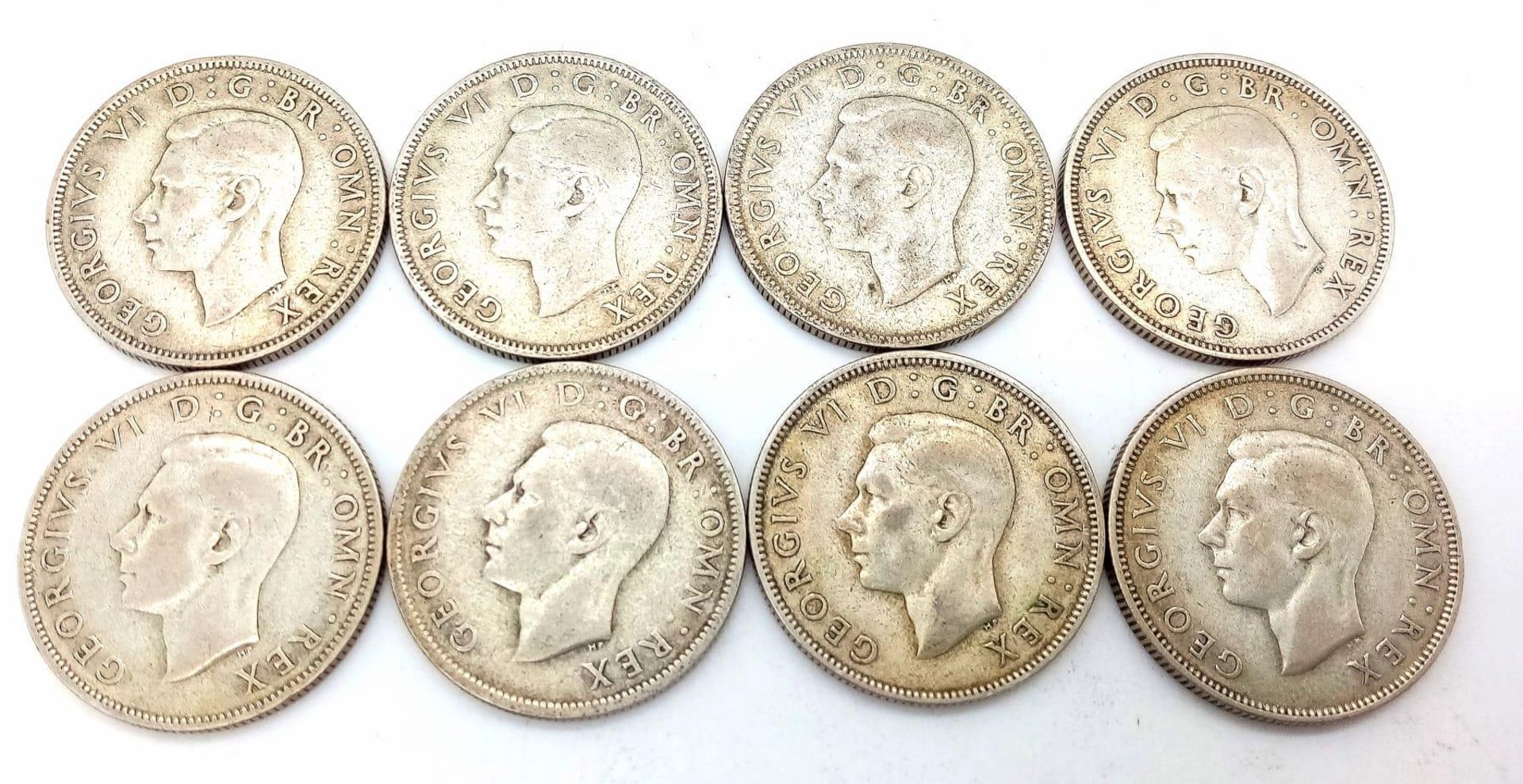 A Parcel of Eight Pre-1947, Silver Two Shilling Coins (Florins) Dates: 2 x 1940, 3 x 1942, 3 x 1945.