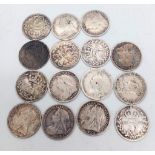 A Parcel of 15 Pre- 1920 Silver 3 Pences, including consecutive date runs. Comprising; 2 x 1877, 2 x