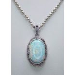 A Wonderful Colour-Play Oval Opal Silver Pendant on a 925 Small Belcher Link Necklace. 4cm -