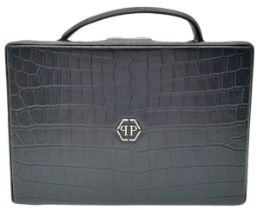 A Philipp Plein Handle Bag Statement. Crocodile Printed Patent Box Bag, Leather exterior, Leather