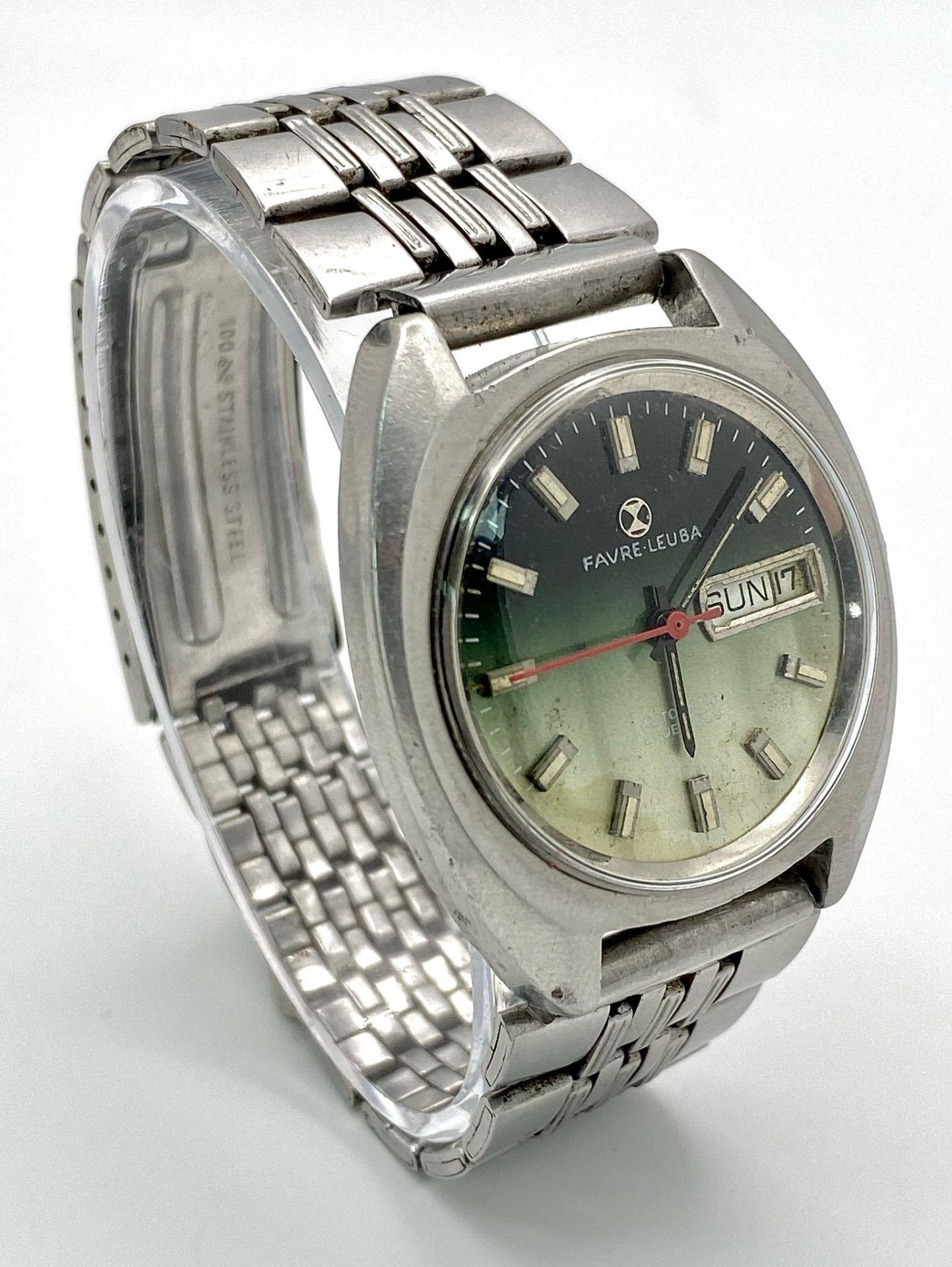 A Vintage Favre Leuba Automatic Gents Watch. Stainless steel bracelet and case - 37mm. Green dial - Image 2 of 6