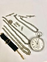 Antique Waltham pocket watch with silver chain & T bars , along with other assorted chains .