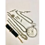 Antique Waltham pocket watch with silver chain & T bars , along with other assorted chains .