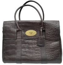 A Mulberry Chocolate 'Bayswater' Handbag. Croc embossed leather exterior with gold-toned hardware,