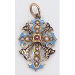 A 9 k yellow gold fancy pendant cross with enamel and seed pearls, dimensions: 33 x 18 mm, weight: