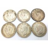 A Parcel of Six Pre-1947 Silver Half Crown Coins (Dates 1x 1941, 2 x 1942, 1 x 1944, 2 x 1945) 83.78