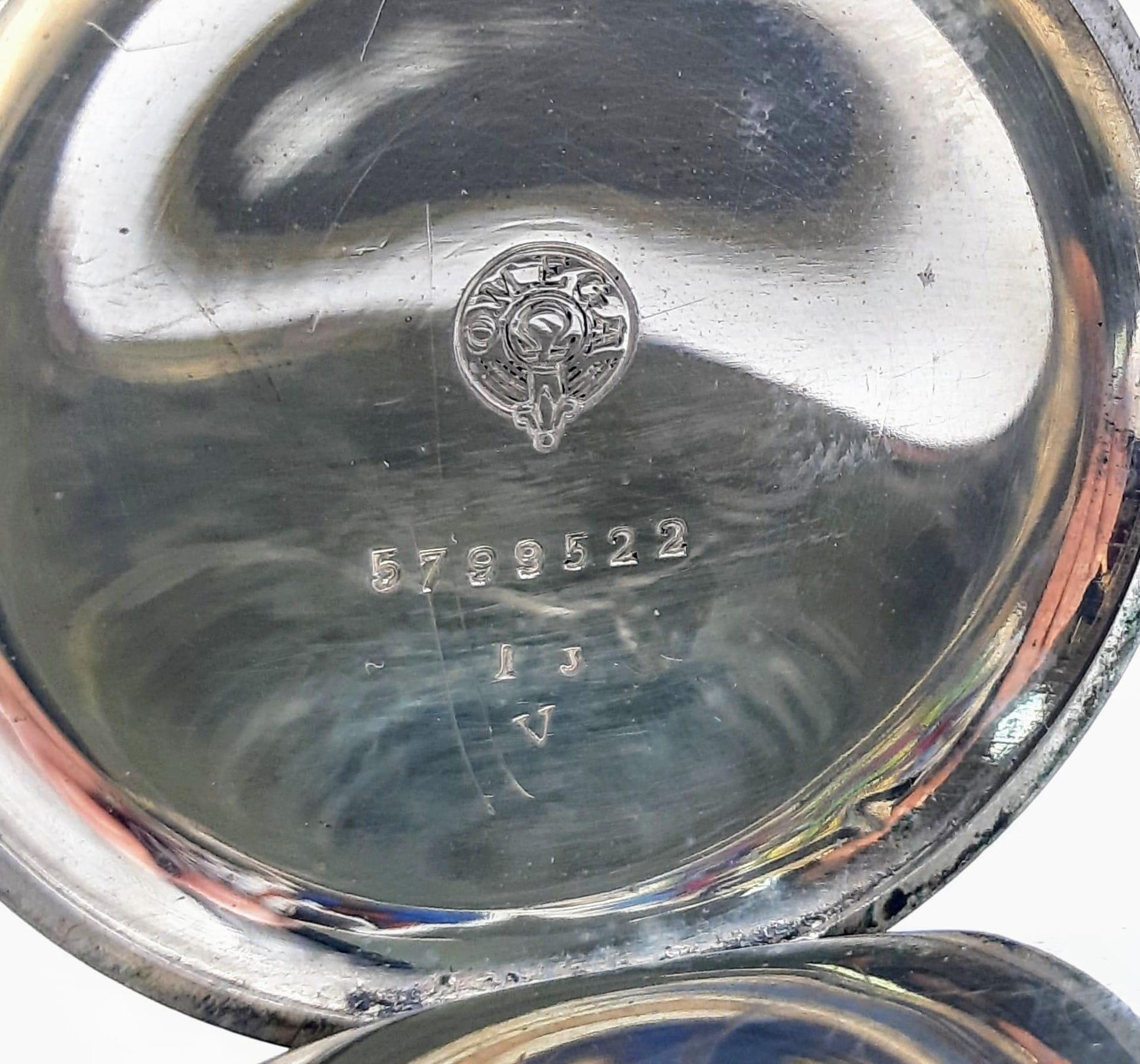 An Antique (WWI Era) Omega White Metal Pocket Watch. 5128166 movement. White dial with second sub - Bild 4 aus 6
