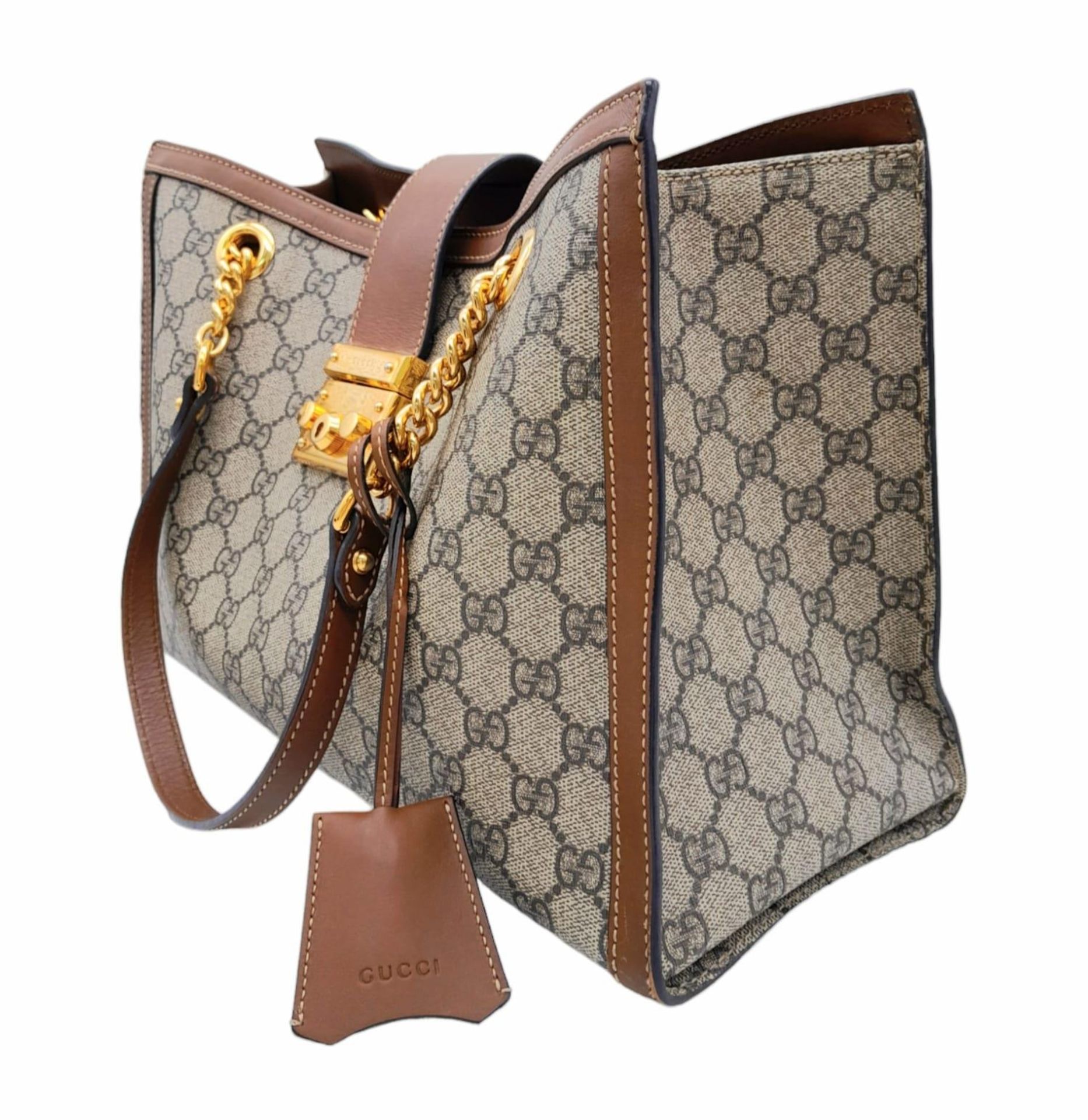 A Gucci GG padlock medium shoulder bag, gold tone hardware, brown suede leather interior. Size - Image 2 of 11