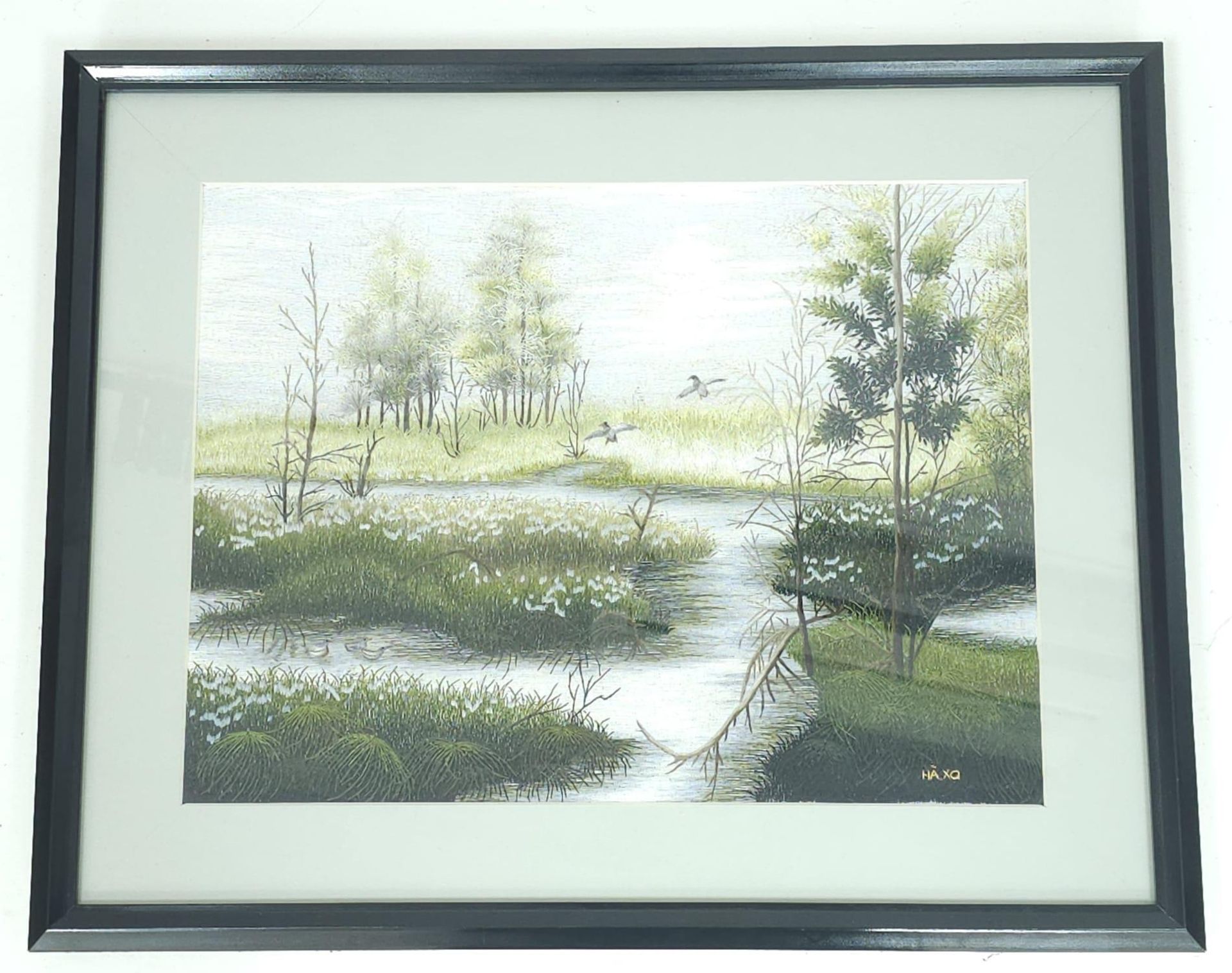 VIETNAMESE HAND EMBROIDERY ON SILK- LANDSCAPE, SIGNED HA XQ. BEAUTIFUL HAND EMBROIDERED ORIENTAL