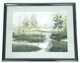 VIETNAMESE HAND EMBROIDERY ON SILK- LANDSCAPE, SIGNED HA XQ. BEAUTIFUL HAND EMBROIDERED ORIENTAL