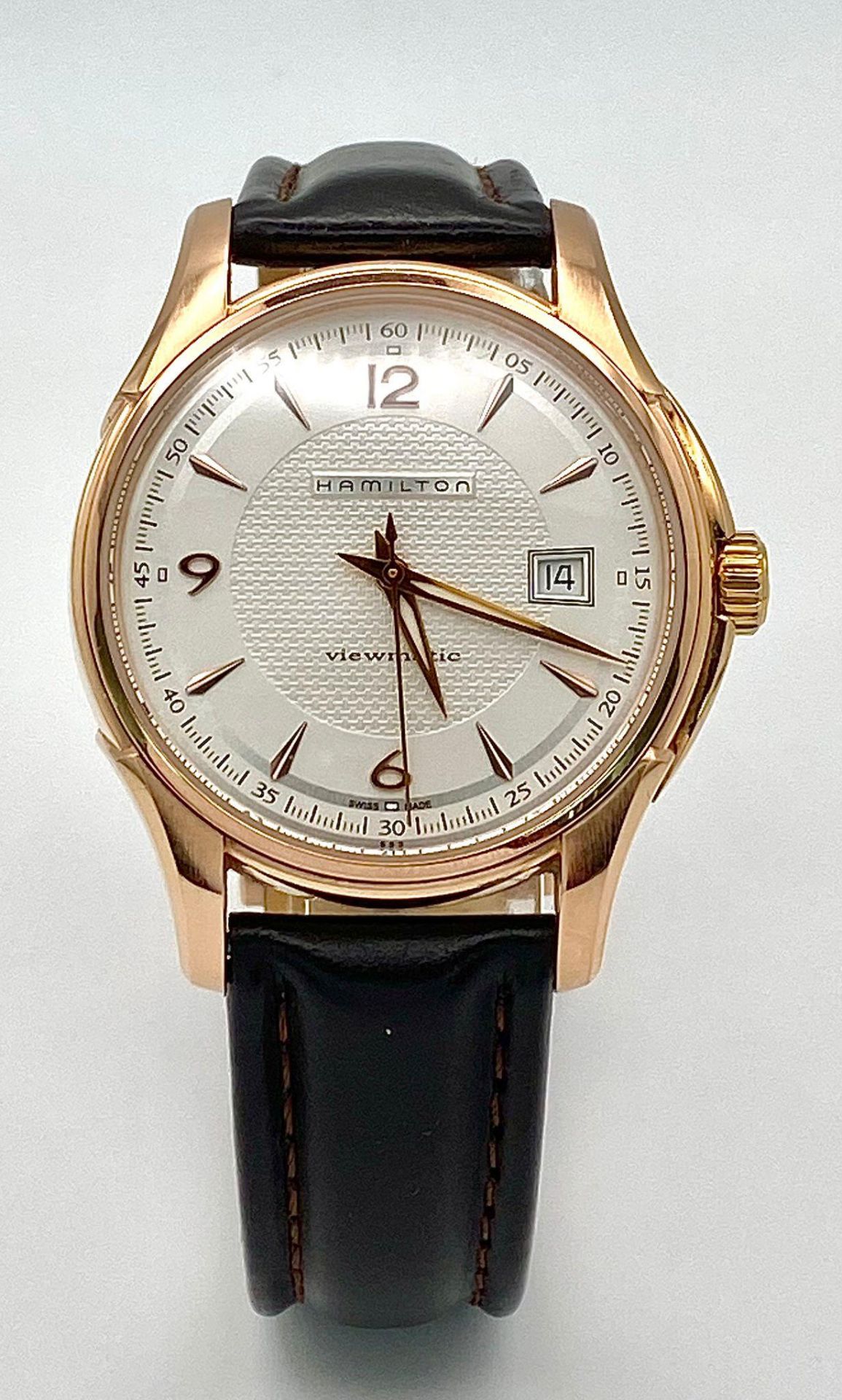 An Excellent Condition Hamilton Viewmatic Jazzmaster Rose Gold Plated Automatic Date Watch Model - Image 2 of 9