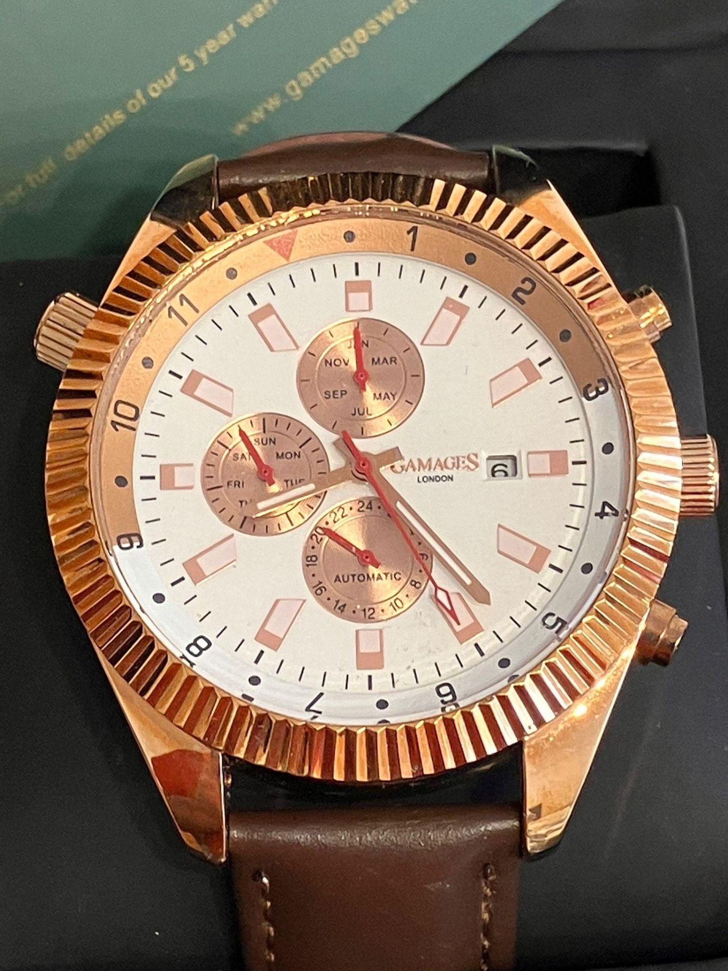 GAMAGES LONDON AUTOMATIC CHRONOGRAPH.ROTATOR LIMITED EDITION 8400. Skeleton back. Brown leather - Image 3 of 7