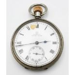 An Antique (WWI Era) Omega White Metal Pocket Watch. 5128166 movement. White dial with second sub