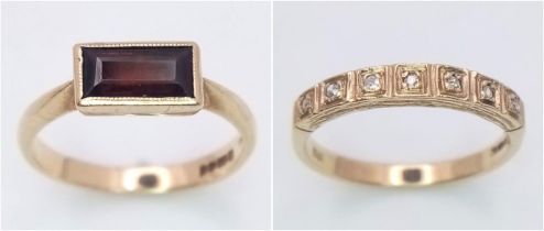 Two Different Style 9K Yellow Gold Rings. Diamond half eternity - size N, 2.1g weight. A rectangular