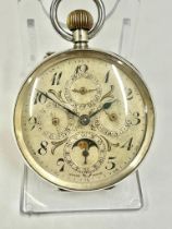 Antique silver gents moonphase calendar pocket watch, working