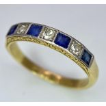 A Vintage 18K Yellow Gold and Platinum Diamond with Sapphires Ring. Size I. 2.1g total weight.