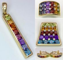 A Fabulous Designer (Browns) 14K Yellow Gold and Multi-Gemstone Jewellery Set. A Ring - size K, thin
