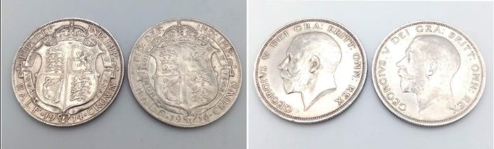 1914 and 1916 George V Silver Half Crown Coins. EF grades but please see photos.