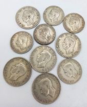 A Parcel of Ten Pre-1947 British Silver Half Crowns and Florins /Two Shillings. All Fine to Very