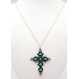 A Vintage Silver Ornate Turquoise Set Cross Pendant Necklace. Cross Measures 5.5cm Length on 66cm