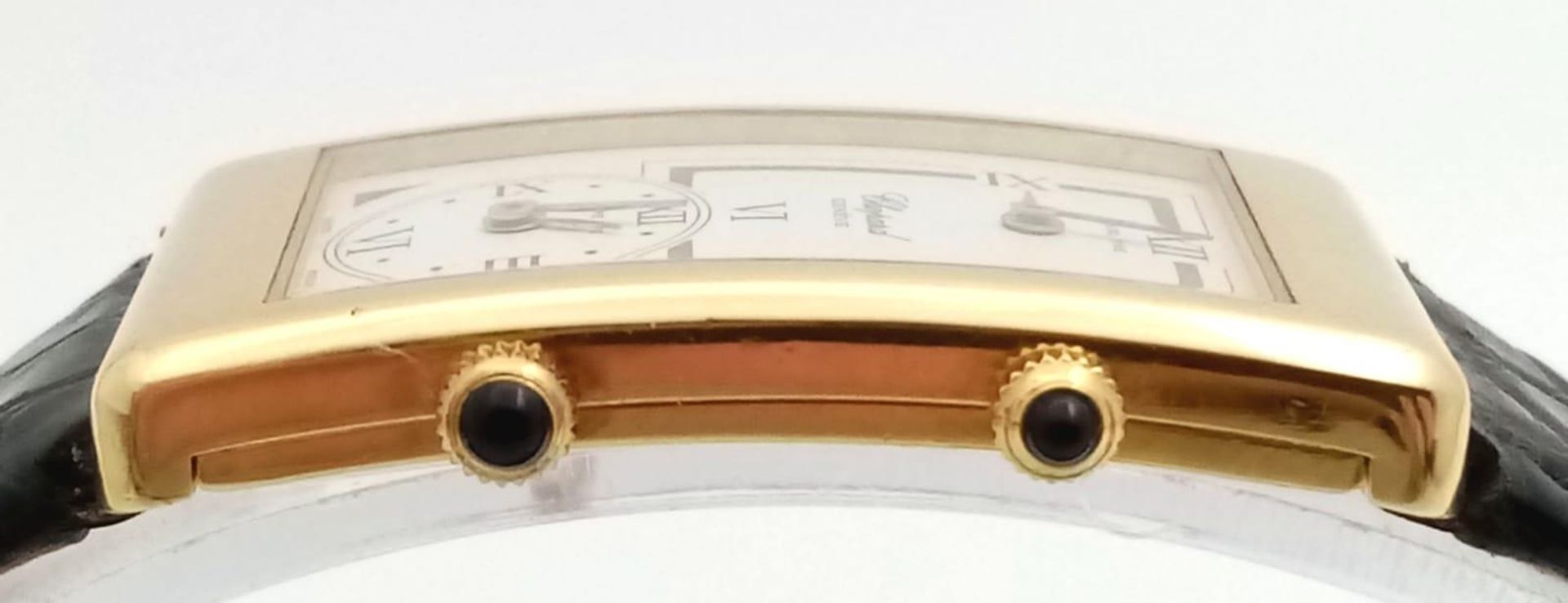 A Chopard 18K Gold Home Time (Dual Time) Gents Watch. Black leather strap. 18K gold rectangular case - Image 8 of 15
