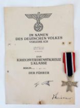 3rd Reich War Merit Cross 2nd Class without Swords (Non Combatant) and Certificate to Red Cross
