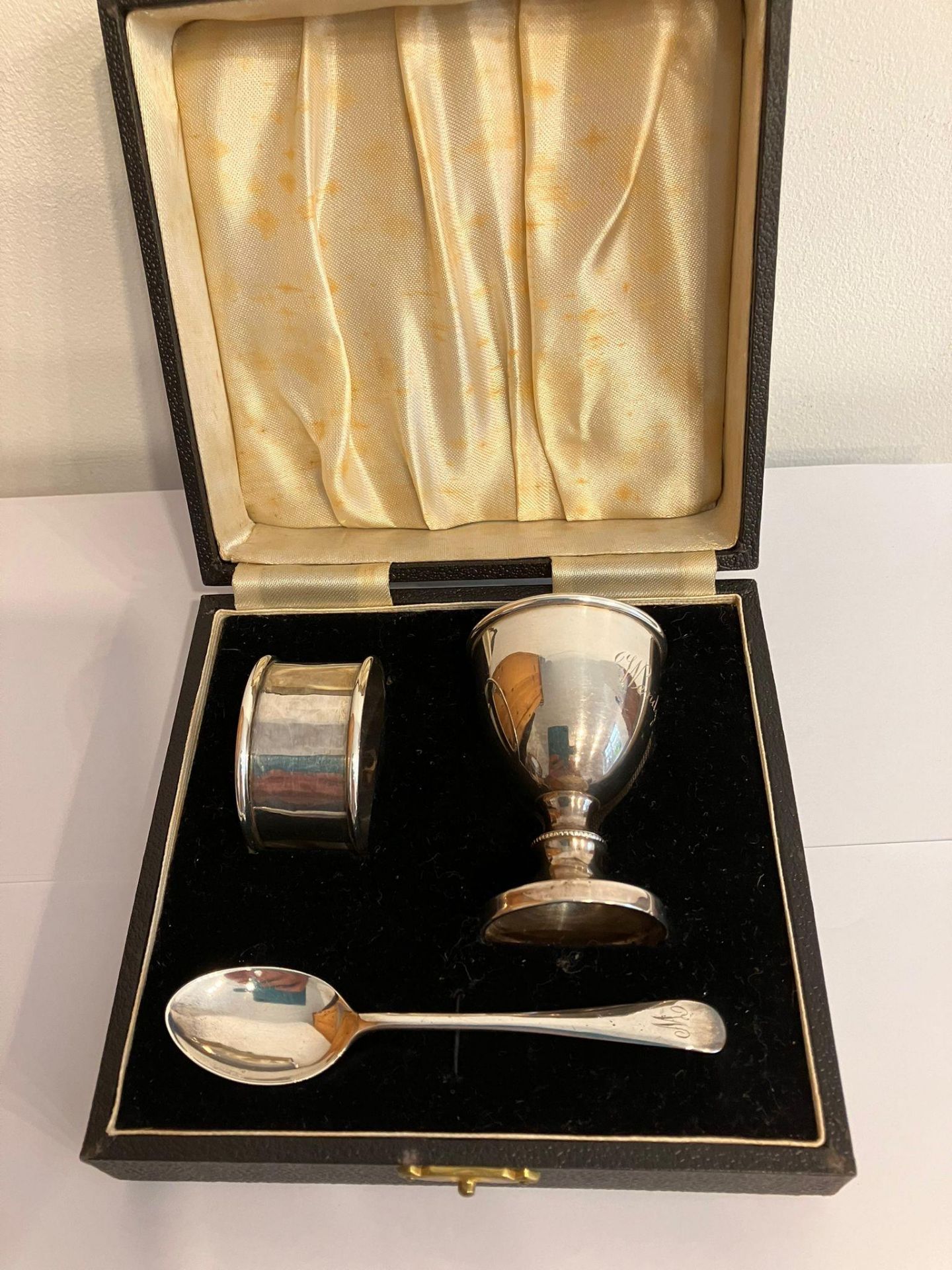 Antique SILVER CHRISTENING GIFT SET ago include Egg cup,Spoon and serviette ring. All pieces with