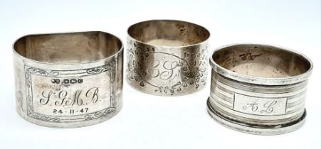 A collection of 3 antique sterling silver napkin holders with different sizes include 2 circular one