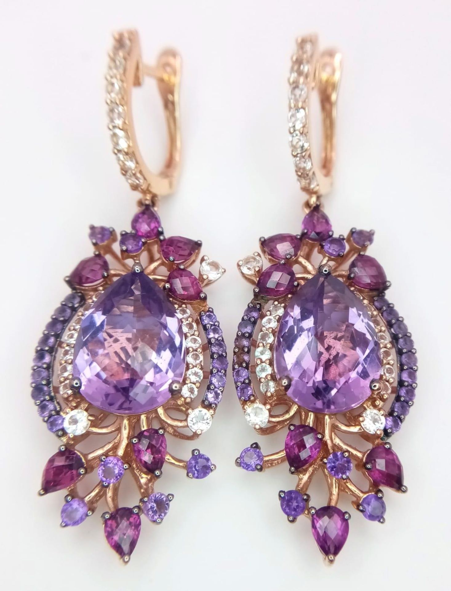 A stunning LE VIAN design, 14 K rose gold ring and earrings set with large pear shaped amethysts and - Image 2 of 11