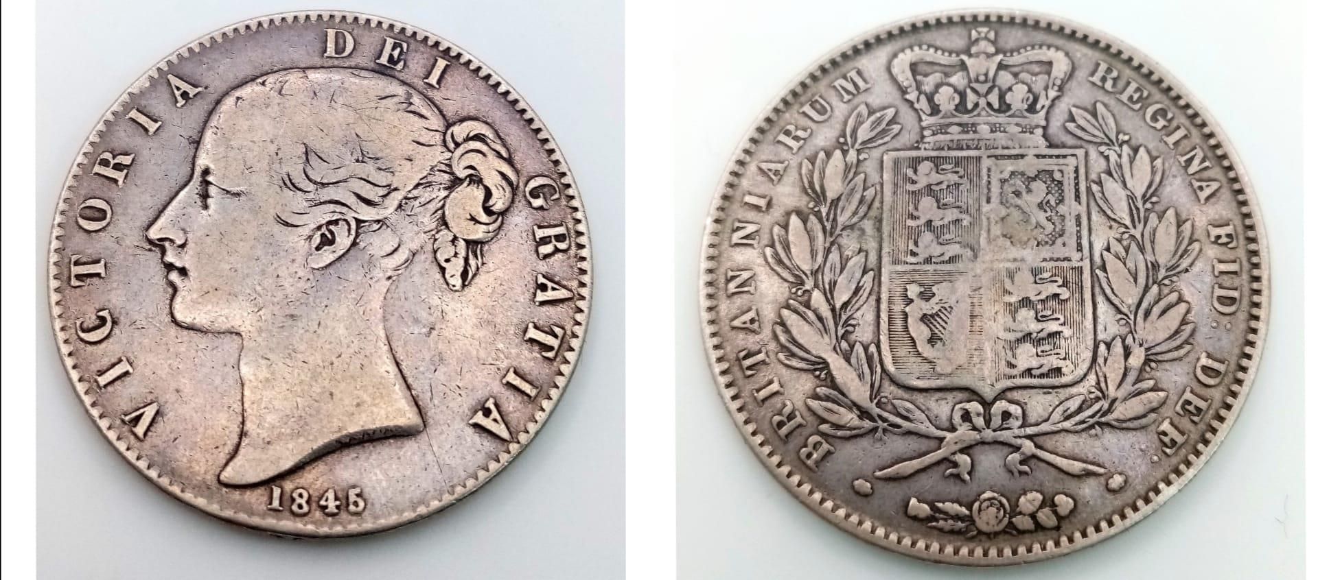 An 1845 Queen Victoria Silver Crown. F+ grade but please see photos.