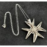 A Vintage 917 Silver, Filigree Maltese Cross Pendant Necklace. Pendant Measures 4.5cm Wide and is on