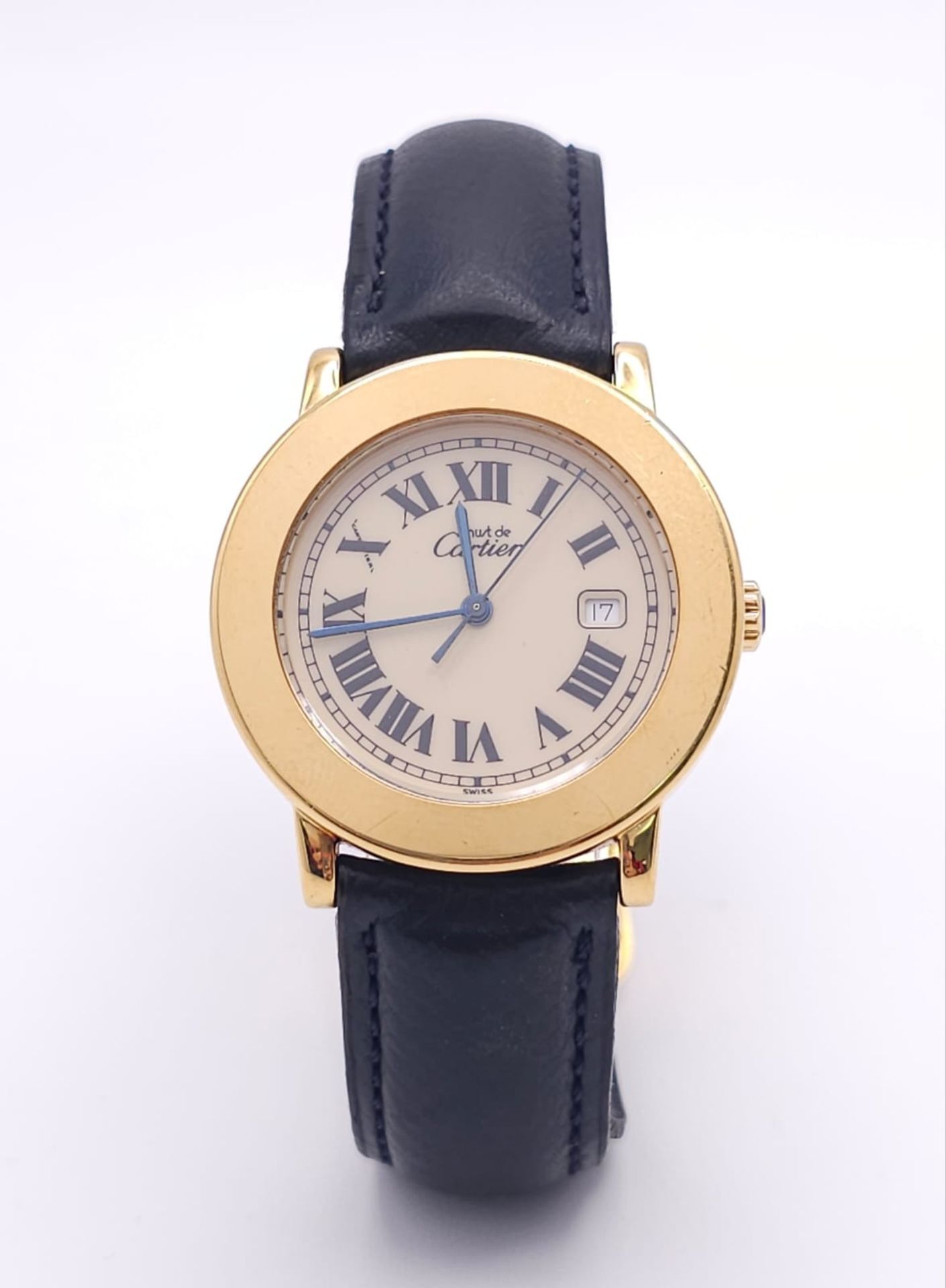 A Must De Cartier Gold Plated Silver Quartz Ladies Watch. Black leather strap. Gold plated silver - Bild 3 aus 22