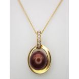 A VERY ATTRACTIVE 14K YELLOW GOLD DIAMOND & COPPER CORLOR 8MM REAL PEARL PENDANT, ON 16" 14K