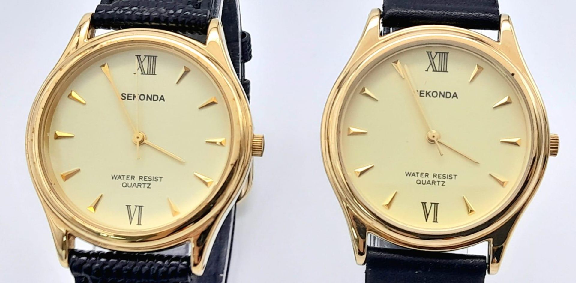 Two Sekonda Quartz Gents Watches. Black leather straps. Gilded stainless steel cases - 34mm. Both in - Bild 3 aus 6