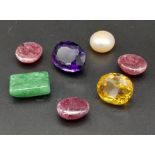 A Lot of 7 Pcs of Cabochon Pearl, Ruby, Emerald, Faceted Citrine and Amethyst Gemstones. Total