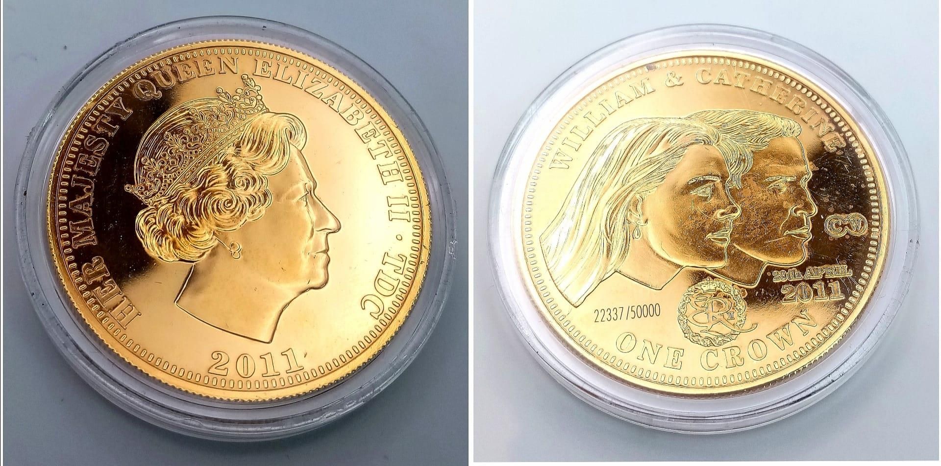 A 2011 William and Kate Gilt Proof Crown Coin.