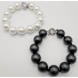 Two Stylish South Sea Pearl Shell Bracelets. Dark grey and white. Both 14mm beads. 17 and 18cm