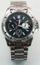 A Sekonda Quartz Gents Watch. Stainless steel bracelet and case - 40mm. Black dial with three sub